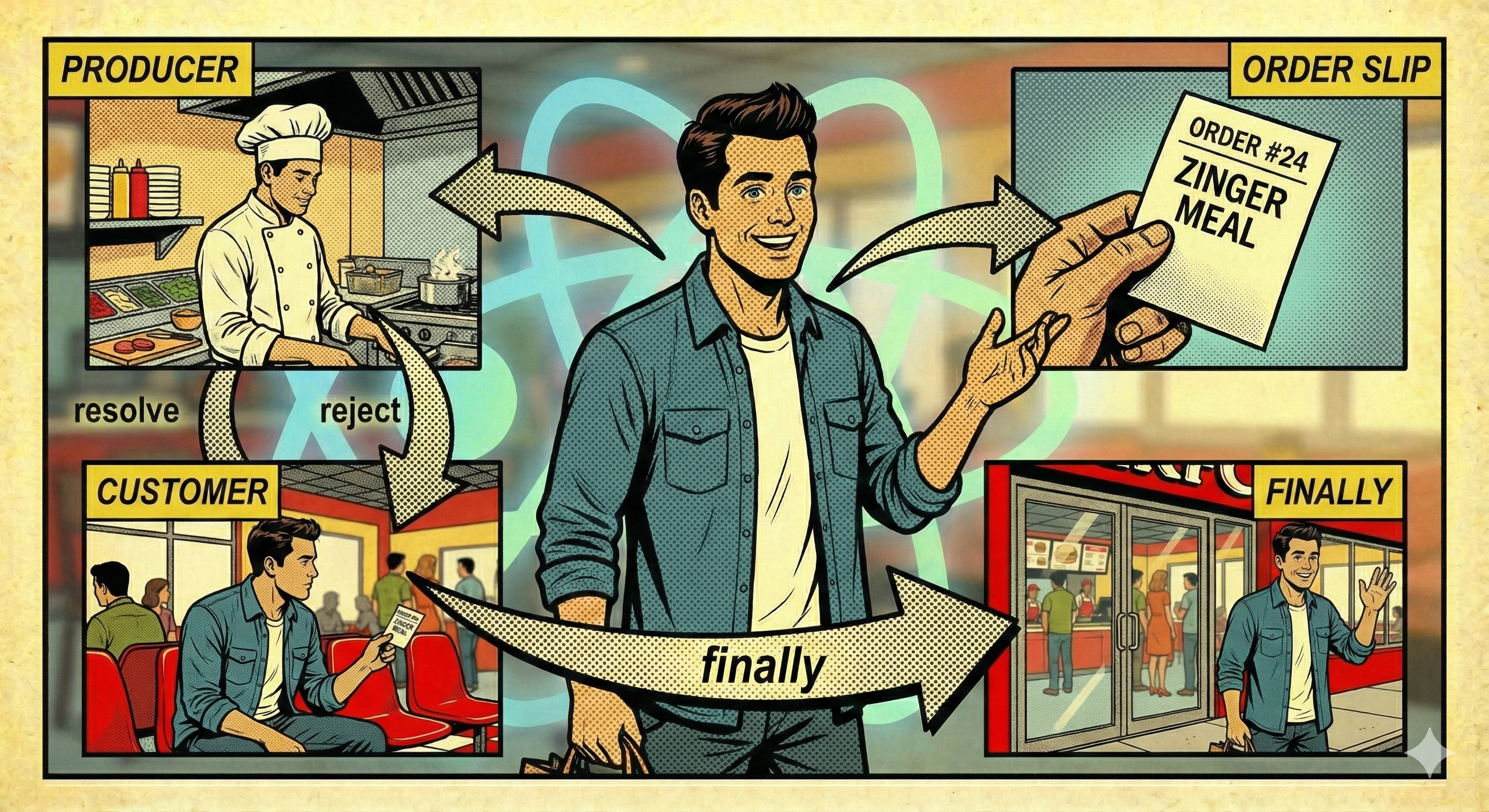 Summary collage of kitchen, order slip, customer, and arrows