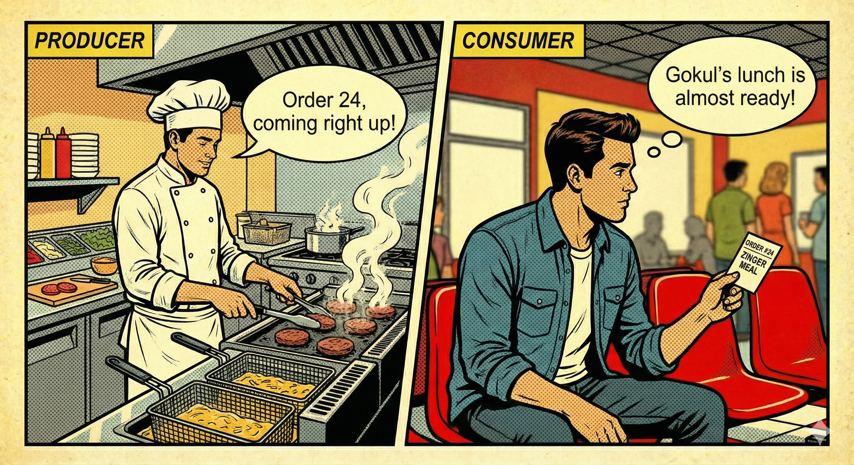 Split scene: kitchen (producer) and customer waiting (consumer)