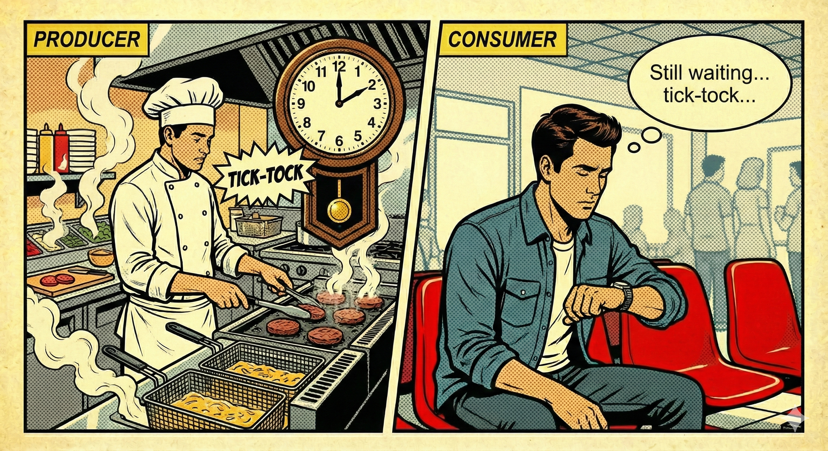 Kitchen busy and customer waiting with a ticking clock