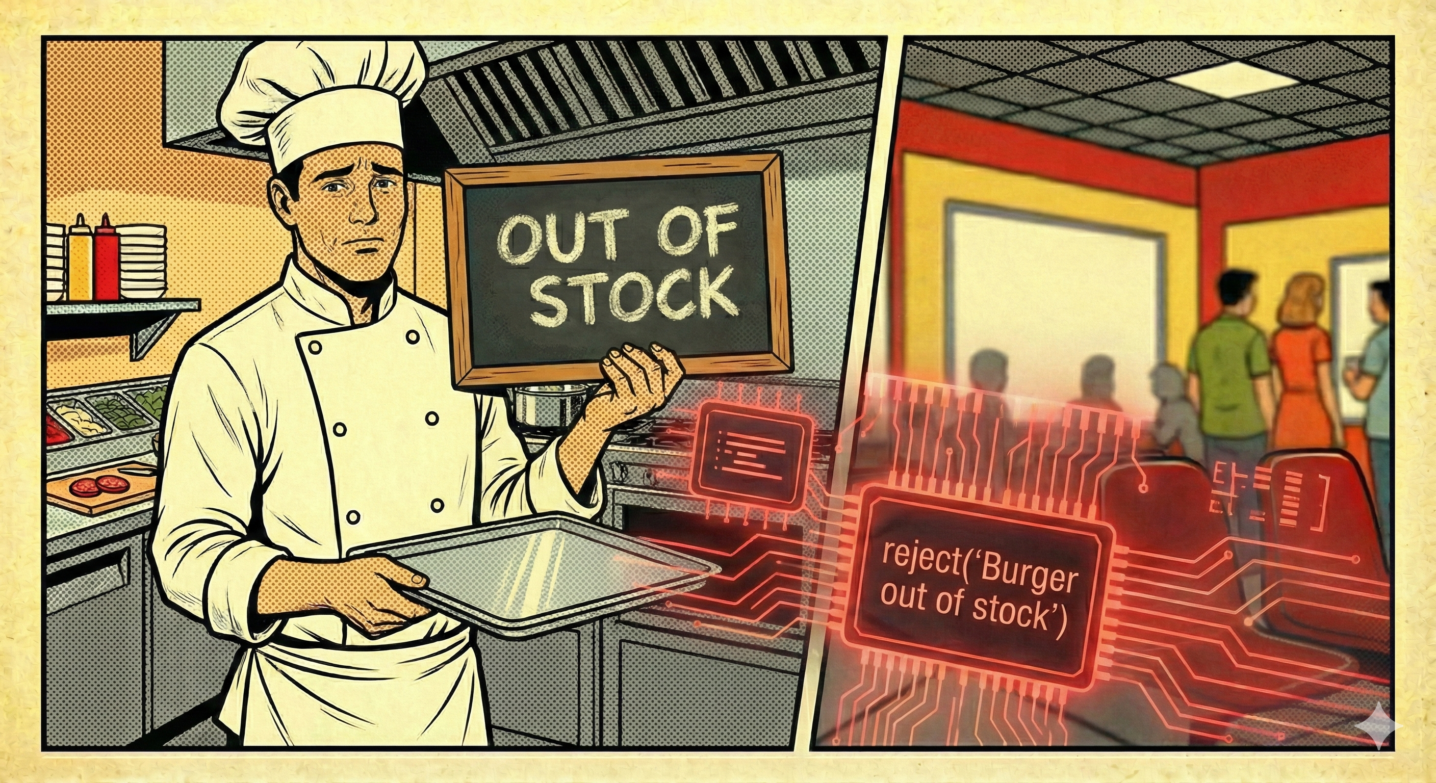 Chef with an Out of Stock sign and empty tray