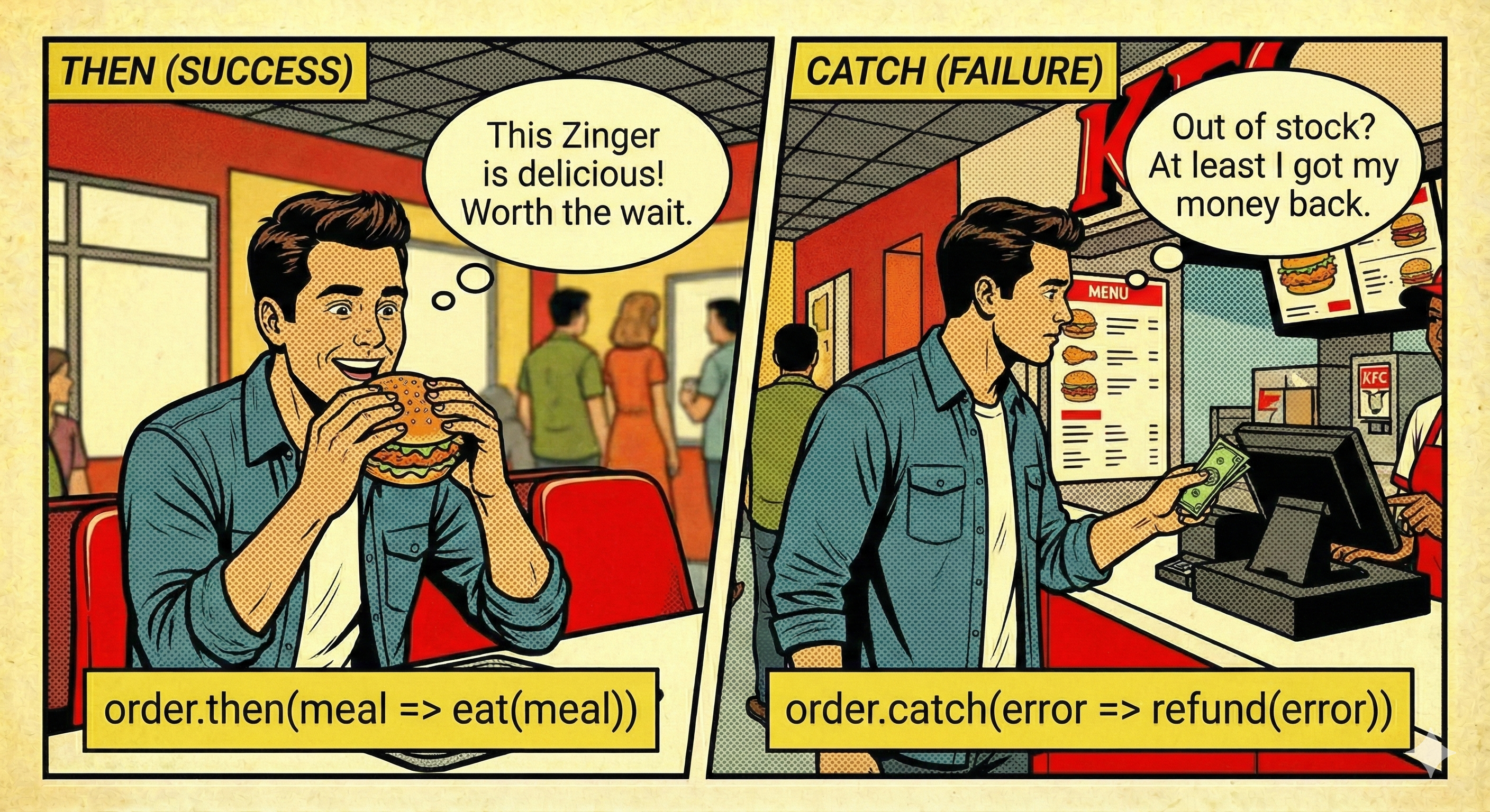 Split: happy eating on success, refund on failure