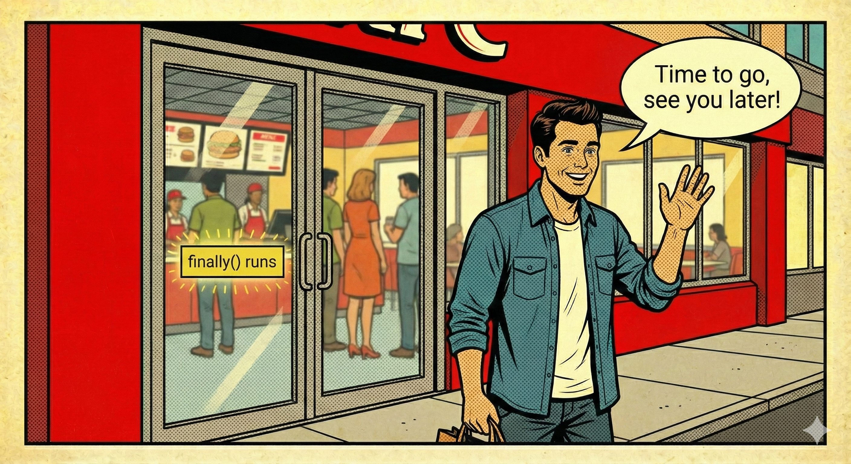 Customer exiting the restaurant; session wrap-up