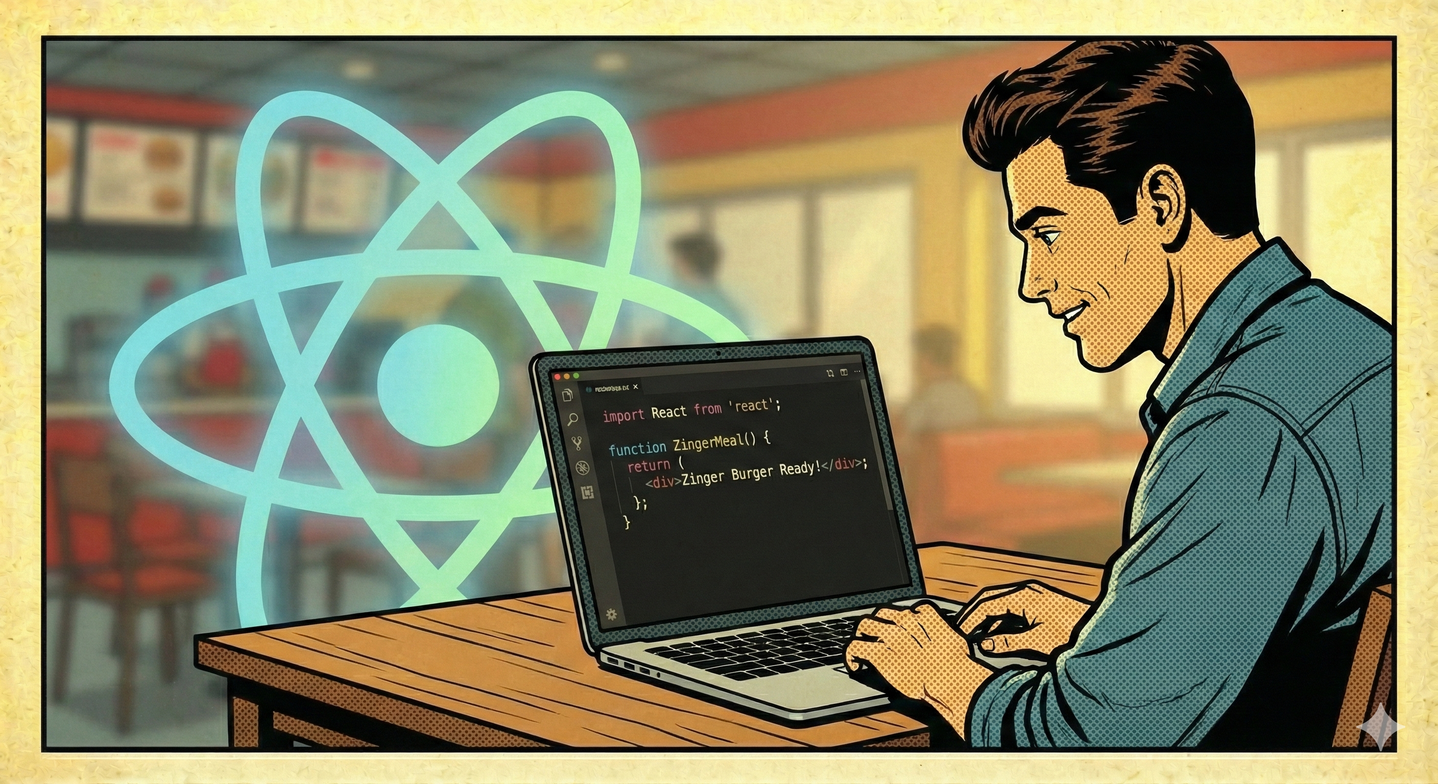 Laptop with code editor showing a fetch call; fast-food ambience